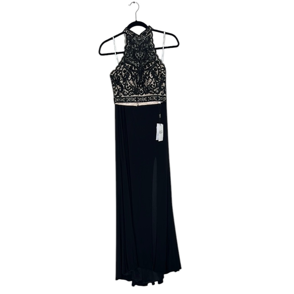 GIGI by La Femme Lace Halter Top Maxi Skirt Gown